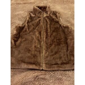 Crown & Ivy Brown Faux Fur Zip Up Vest Women XXL Sleeveless Jacket Pockets